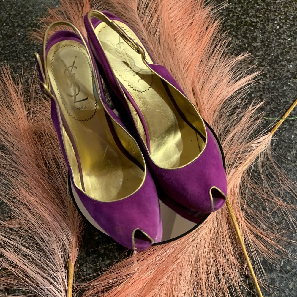 Yves Saint Laurent Purple Suede Peep-Toe Slingbacks with Gold Interior